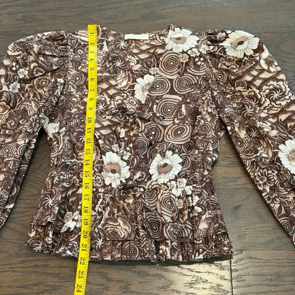 Ulla Johnson Brown Floral Cotton Peplum Blouse Puff Sleeve Boho Romantic Size 4